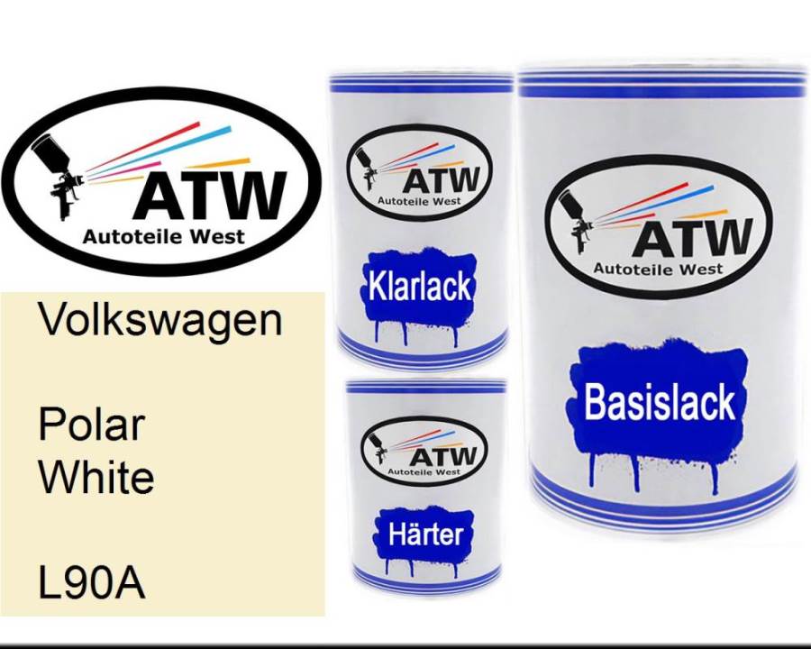 Volkswagen, Polar White, L90A: 500ml Lackdose + 500ml Klarlack + 250ml Härter - Set, von ATW Autoteile West.